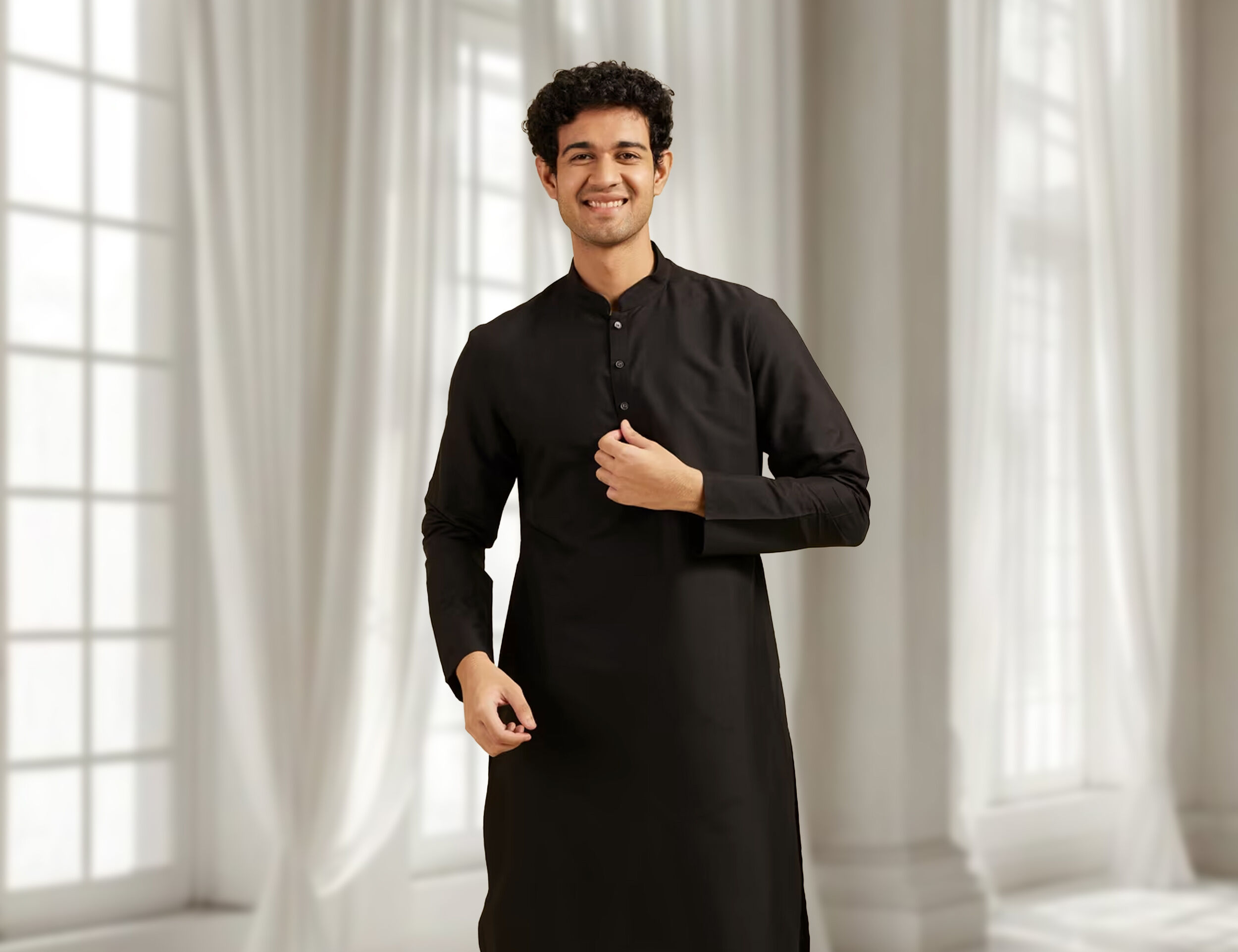 Man wearing a classic plain black kurta with a mandarin collar, styled for a timeless and versatile ethnic look, perfect for both casual and festive occasions.